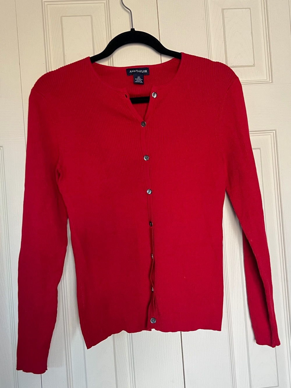 Ann Taylor Red Ribbed Button-Front Cardigan